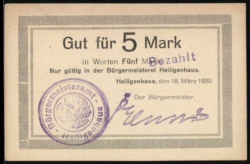 Notgeld heiligenhaus 1920 5 - notgeld,